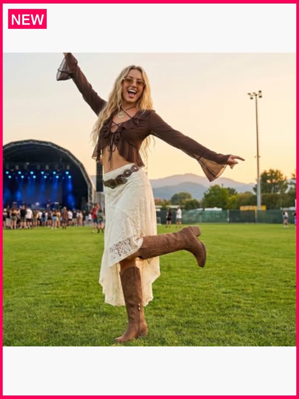 Knee High Cowboy Boots Pointed Toe Embroidered Chunky Heel Western Boots - Picture 2 of 7